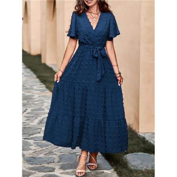 Women Boho Swiss Dot Maxi Dresses V Neck Flutter Short Sleeve Flowy Long Dresses - Picture 2 of 6